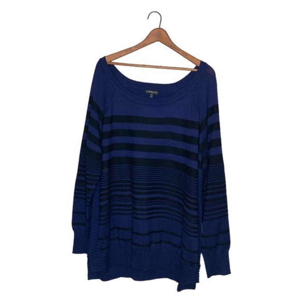 New Lane Bryant 14/16 Blue Black Striped Rayon Nylon Stretch Knit Sweater Plus